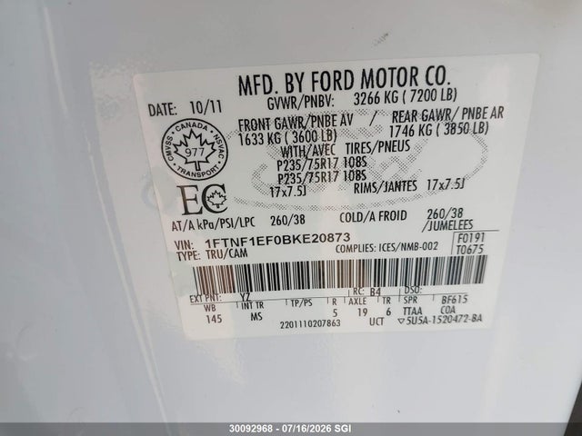 Aukcja sprzedaży 2011 Ford F150, vin: 1FTNF1EF0BKE20873, numer aukcji: 30092968