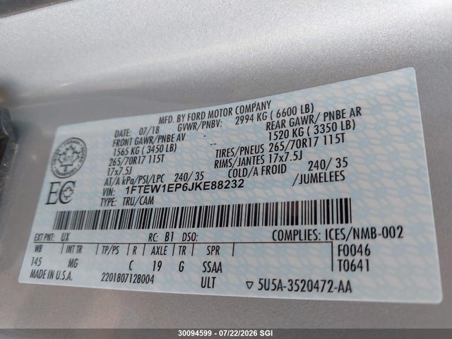 2018 Ford F150 Supercrew მანქანა იყიდება აუქციონზე, vin: 1FTEW1EP6JKE88232, აუქციონის ნომერი: 30094599