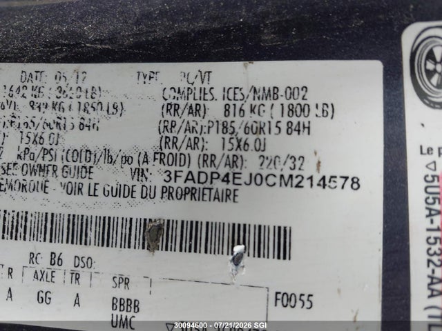 30094600 :رقم المزاد ، 3FADP4EJ0CM214578 vin ، 2012 Ford Fiesta Se مزاد بيع