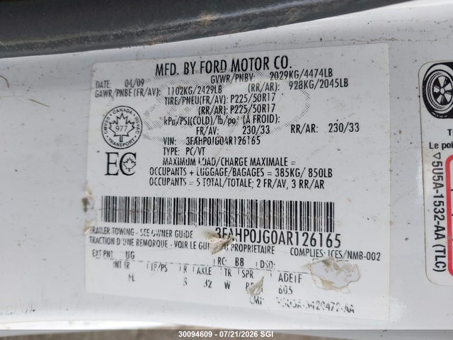 30094609 :رقم المزاد ، 3FAHP0JG0AR126165 vin ، 2010 Ford Fusion Sel مزاد بيع
