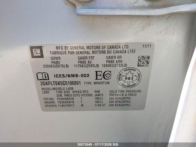 Aukcja sprzedaży 2012 Gmc Terrain Sle, vin: 2GKFLTEK5C6186891, numer aukcji: 30073049
