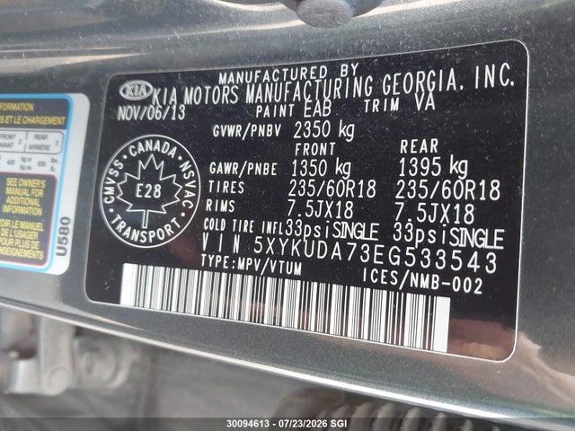 2014 Kia Sorento Ex მანქანა იყიდება აუქციონზე, vin: 5XYKUDA73EG533543, აუქციონის ნომერი: 30094613