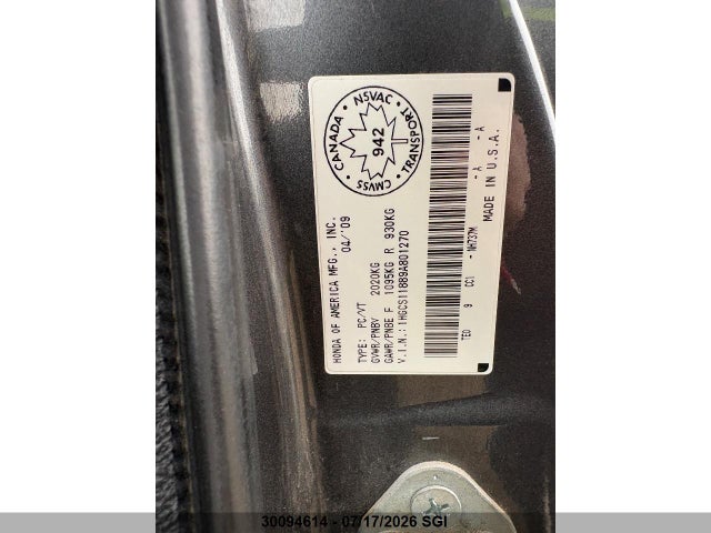 Продажа на аукционе авто 2009 Honda Accord Exl, vin: 1HGCS11889A801270, номер лота: 30094614