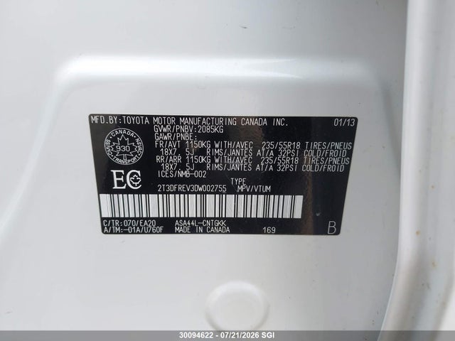 2013 Toyota Rav4 Limited მანქანა იყიდება აუქციონზე, vin: 2T3DFREV3DW002755, აუქციონის ნომერი: 30094622
