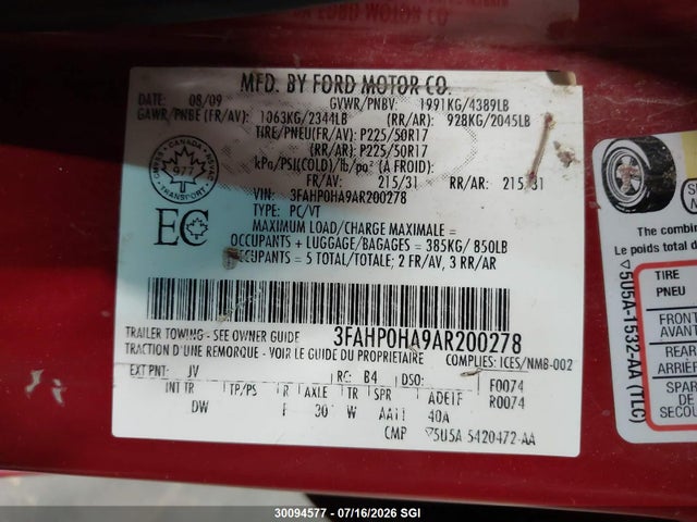 Продажа на аукционе авто 2010 Ford Fusion Se, vin: 3FAHP0HA9AR200278, номер лота: 30094577
