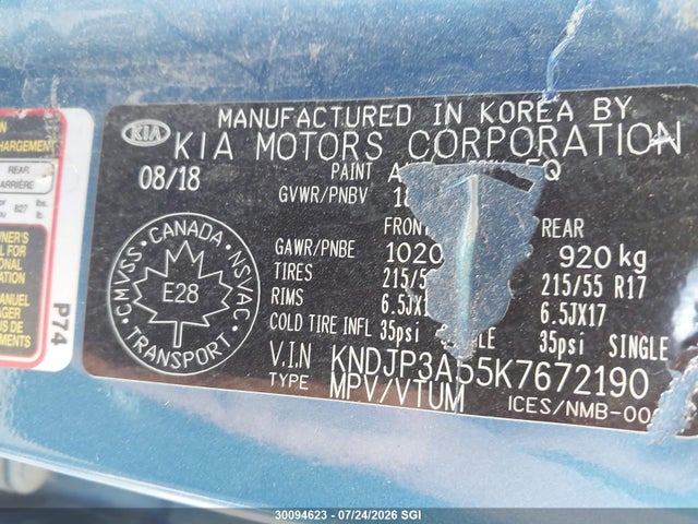 KIA SOUL + 2019 KNDJP3A55K7672190 Image 9