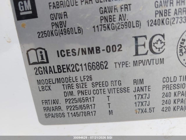 Продаж на аукціоні авто 2012 Chevrolet Equinox Ls, vin: 2GNALBEK2C1166862, номер лоту: 30094629