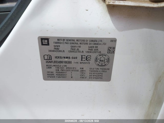 Aukcja sprzedaży 2013 Chevrolet Equinox Lt, vin: 2GNFLEE30D6166380, numer aukcji: 30094639
