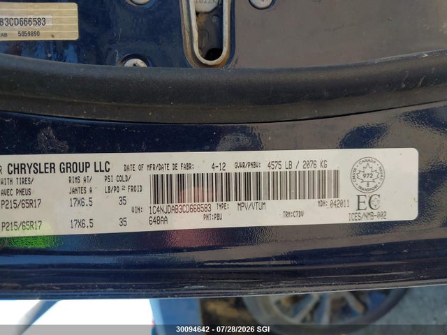 30094642 :رقم المزاد ، 1C4NJDAB3CD666583 vin ، 2012 Jeep Compass مزاد بيع