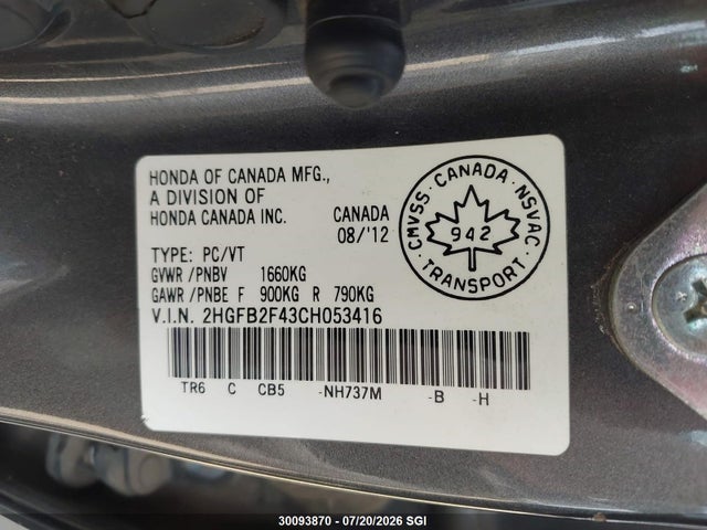 2012 Honda Civic Lx მანქანა იყიდება აუქციონზე, vin: 2HGFB2F43CH053416, აუქციონის ნომერი: 30093870