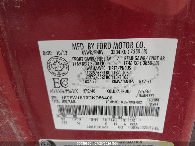 Продажа на аукционе авто 2013 Ford F-150 Fx4, vin: 1FTFW1ET3DKD56406, номер лота: 30089855