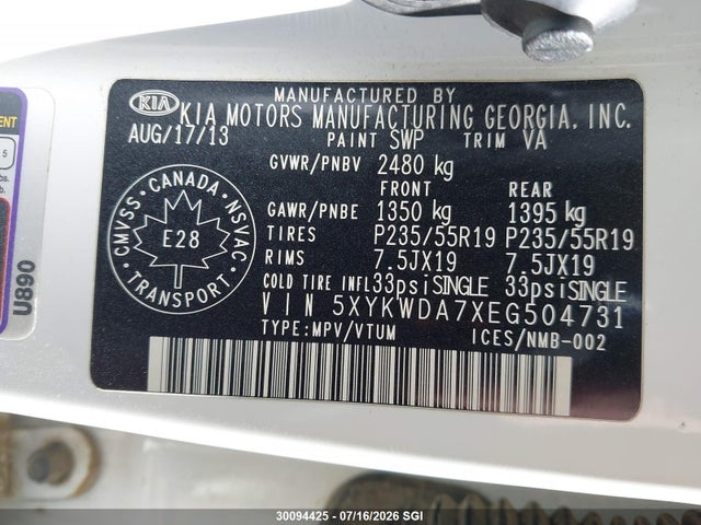 Продажа на аукционе авто 2014 Kia Sorento Sx/sx Limited, vin: 5XYKWDA7XEG504731, номер лота: 30094425
