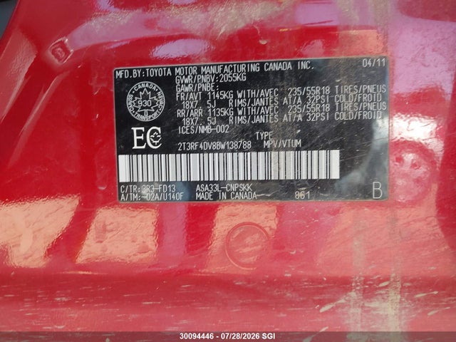 30094446 :رقم المزاد ، 2T3RF4DV8BW138788 vin ، 2011 Toyota Rav4 Sport مزاد بيع