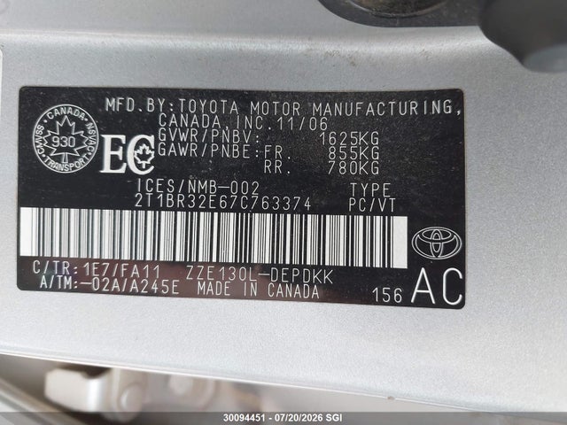 Продаж на аукціоні авто 2007 Toyota Corolla Ce/le/s, vin: 2T1BR32E67C763374, номер лоту: 30094451