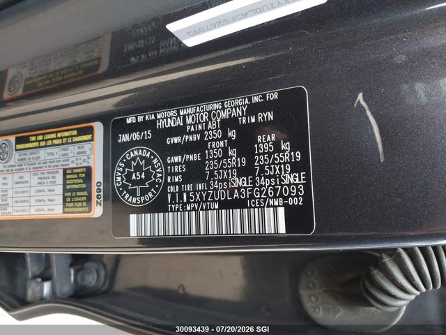 30093439 :رقم المزاد ، 5XYZUDLA3FG267093 vin ، 2015 Hyundai Santa Fe Sport مزاد بيع
