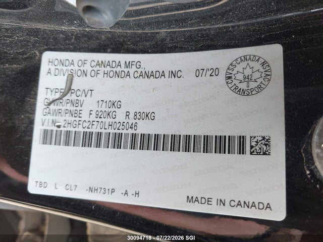 Honda CIVIC EX 2020 2HGFC2F70LH025046 Image 9