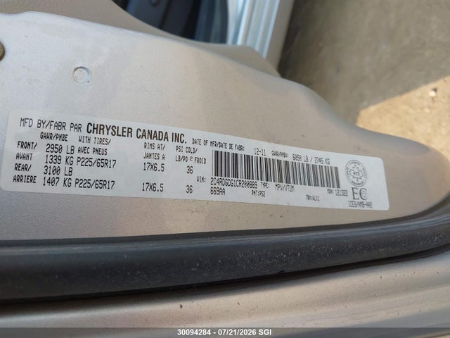 30094284 :رقم المزاد ، 2C4RDGDG1CR200889 vin ، 2012 Dodge Grand Caravan Crew مزاد بيع