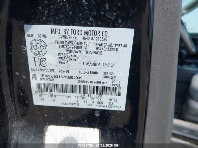 2007 Ford Escape Xlt მანქანა იყიდება აუქციონზე, vin: 1FMYU93187KB04939, აუქციონის ნომერი: 30094728