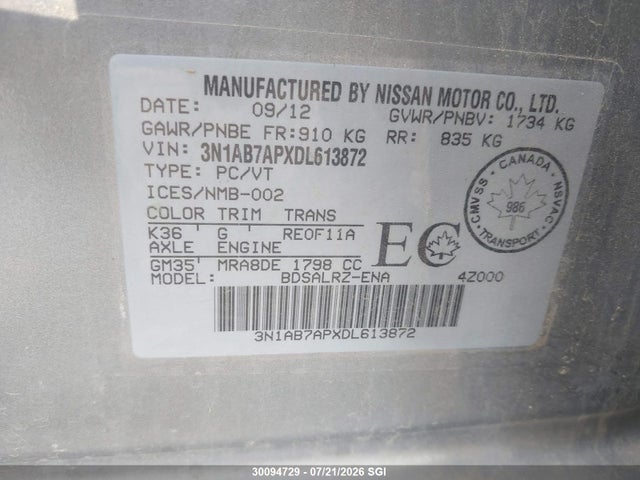 Aukcja sprzedaży 2013 Nissan Sentra S/sv/sr/sl, vin: 3N1AB7APXDL613872, numer aukcji: 30094729