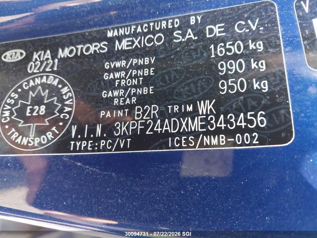 2021 Kia Forte Fe/lxs მანქანა იყიდება აუქციონზე, vin: 3KPF24ADXME343456, აუქციონის ნომერი: 30094731