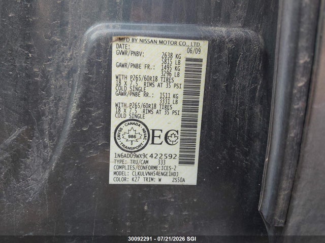 Aukcja sprzedaży 2009 Nissan Frontier Crew Cab Se/crew Cab Le, vin: 1N6AD09WX9C422592, numer aukcji: 30092291