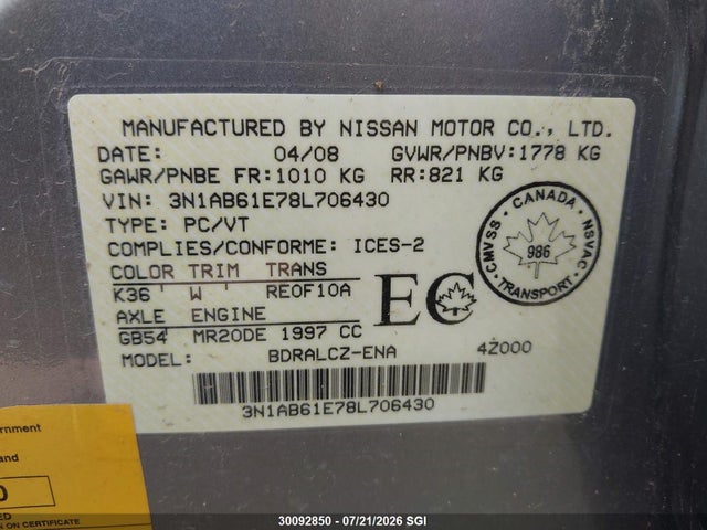 Aukcja sprzedaży 2008 Nissan Sentra 2.0/2.0s/2.0sl, vin: 3N1AB61E78L706430, numer aukcji: 30092850