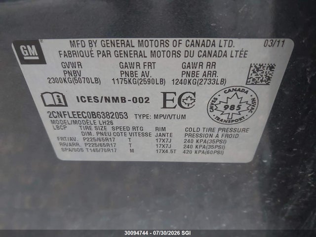 Aukcja sprzedaży 2011 Chevrolet Equinox Lt, vin: 2CNFLEEC0B6382053, numer aukcji: 30094744