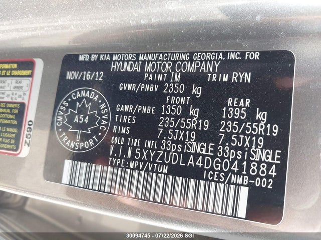30094745 :رقم المزاد ، 5XYZUDLA4DG041884 vin ، 2013 Hyundai Santa Fe Sport مزاد بيع