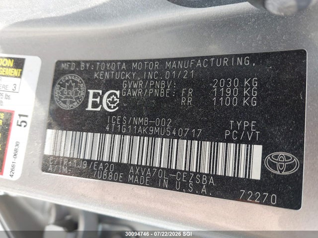 2021 Toyota Camry Se/se Night Shade მანქანა იყიდება აუქციონზე, vin: 4T1G11AK9MU540717, აუქციონის ნომერი: 30094746