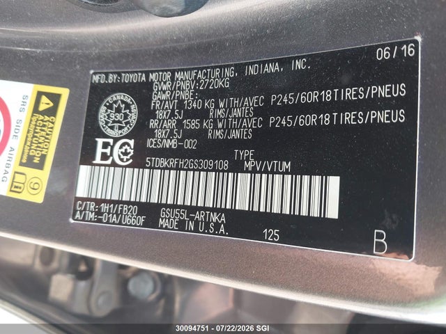 Toyota Highlander Le/le Plus 2016 5TDBKRFH2GS309108 Image 9