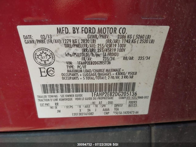 2013 Ford Taurus Sel მანქანა იყიდება აუქციონზე, vin: 1FAHP2E82DG205136, აუქციონის ნომერი: 30094752