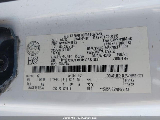 Ford F150 Super Cab 2017 1FTEX1CF8HKC38153 Image 9
