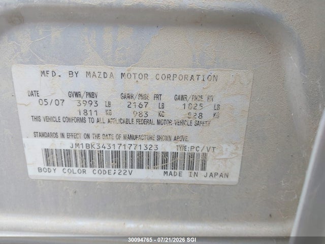 Aukcja sprzedaży 2007 Mazda 3 Hatchback, vin: JM1BK343171771323, numer aukcji: 30094765