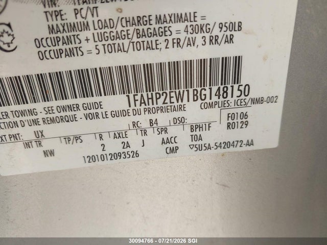 30094766 :رقم المزاد ، 1FAHP2EW1BG148150 vin ، 2011 Ford Taurus Sel مزاد بيع