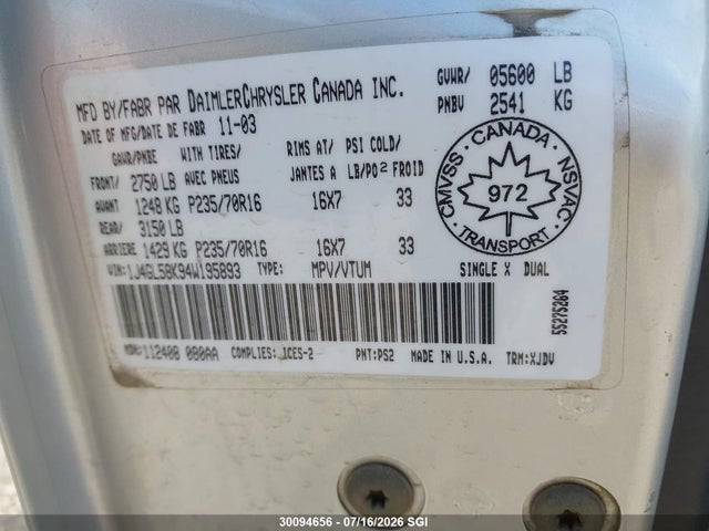 30094656 :رقم المزاد ، 1J4GL58K94W195893 vin ، 2004 Jeep Liberty Limited مزاد بيع