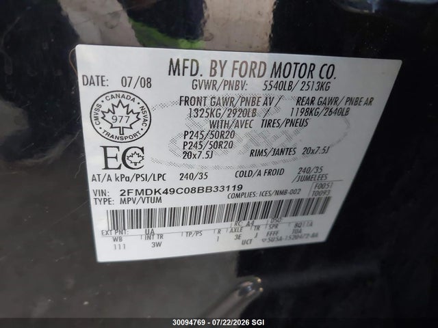 2008 Ford Edge Limited მანქანა იყიდება აუქციონზე, vin: 2FMDK49C08BB33119, აუქციონის ნომერი: 30094769