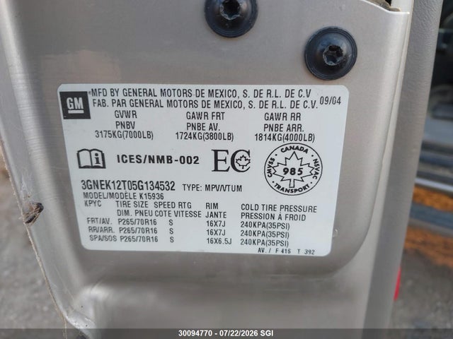 30094770 :رقم المزاد ، 3GNEK12T05G134532 vin ، 2005 Chevrolet Avalanche K1500 مزاد بيع