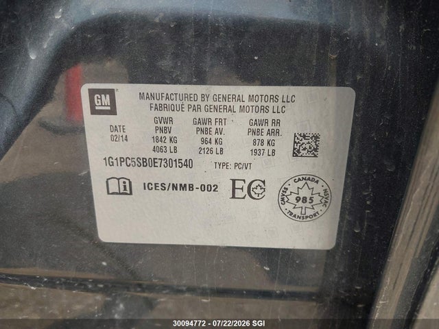 Chevrolet CRUZE LT 2014 1G1PC5SB0E7301540 Image 9