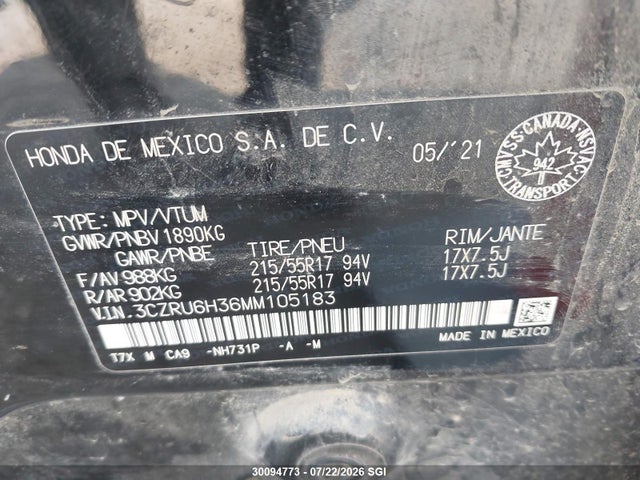 Honda HR-V LX 2021 3CZRU6H36MM105183 Image 9