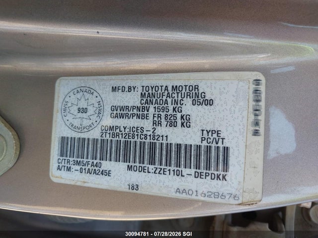 Продаж на аукціоні авто 2001 Toyota Corolla Ce/le/sport, vin: 2T1BR12E81C818211, номер лоту: 30094781