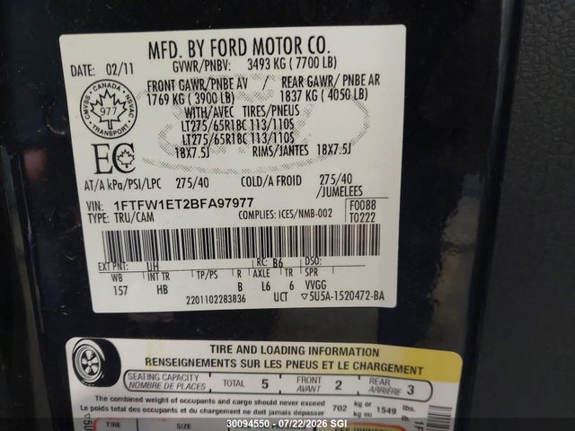 2011 Ford F150 Supercrew მანქანა იყიდება აუქციონზე, vin: 1FTFW1ET2BFA97977, აუქციონის ნომერი: 30094550