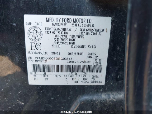 2013 Ford Edge Limited მანქანა იყიდება აუქციონზე, vin: 2FMDK4KC8DBC03647, აუქციონის ნომერი: 30094787