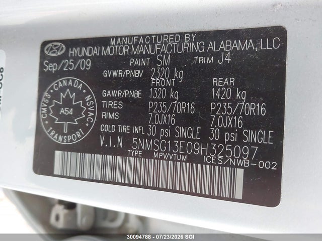 30094788 :رقم المزاد ، 5NMSG13E09H325097 vin ، 2009 Hyundai Santa Fe Gl مزاد بيع