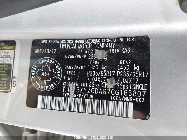 Продаж на аукціоні авто 2012 Hyundai Santa Fe Gls, vin: 5XYZGDAG7CG165807, номер лоту: 30094791