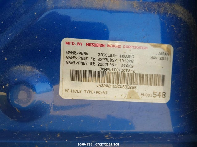 2012 Mitsubishi Lancer Es/es Sport მანქანა იყიდება აუქციონზე, vin: JA32U2FU5CU603296, აუქციონის ნომერი: 30094795