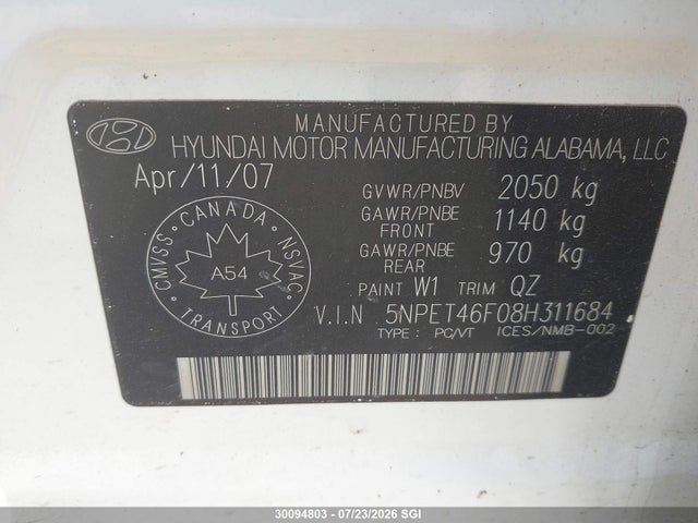 30094803 :رقم المزاد ، 5NPET46F08H311684 vin ، 2008 Hyundai Sonata Gls مزاد بيع