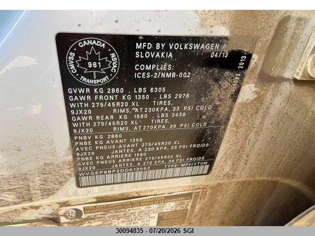 Aukcja sprzedaży 2013 Volkswagen Touareg V6 Tdi, vin: WVGEP9BP2DD013052, numer aukcji: 30094835