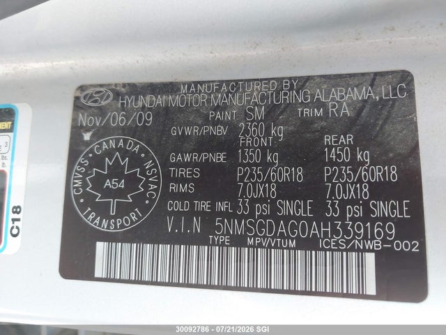 30092786 :رقم المزاد ، 5NMSGDAG0AH339169 vin ، 2010 Hyundai Santa Fe Gls مزاد بيع