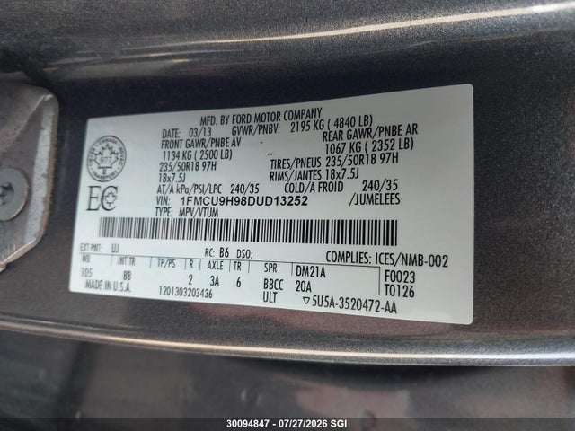 2013 Ford Escape Sel მანქანა იყიდება აუქციონზე, vin: 1FMCU9H98DUD13252, აუქციონის ნომერი: 30094847