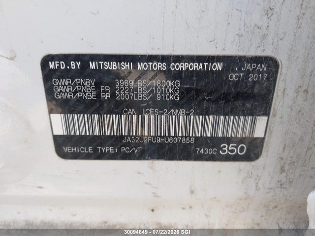 Aukcja sprzedaży 2017 Mitsubishi Lancer Es, vin: JA32U2FU9HU607858, numer aukcji: 30094849
